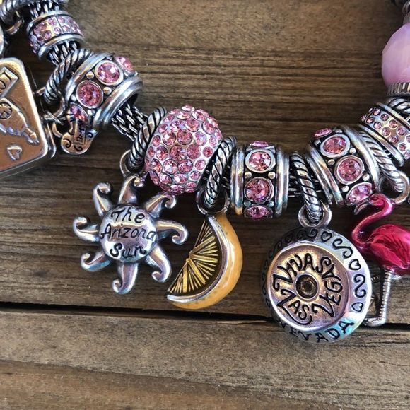 Brighton Pink & Silver Plated Slide Charm Bracelet 17 Charms! EUC - Picture 11 of 14